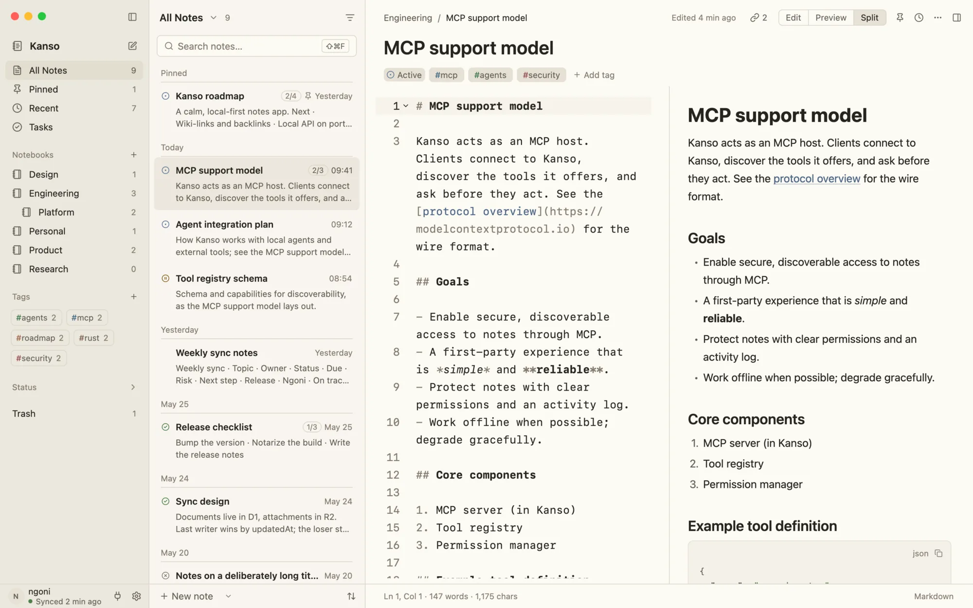 Kanso in light mode: notebooks and tags in the sidebar, a note list, and a note shown as Markdown source beside its rendered preview