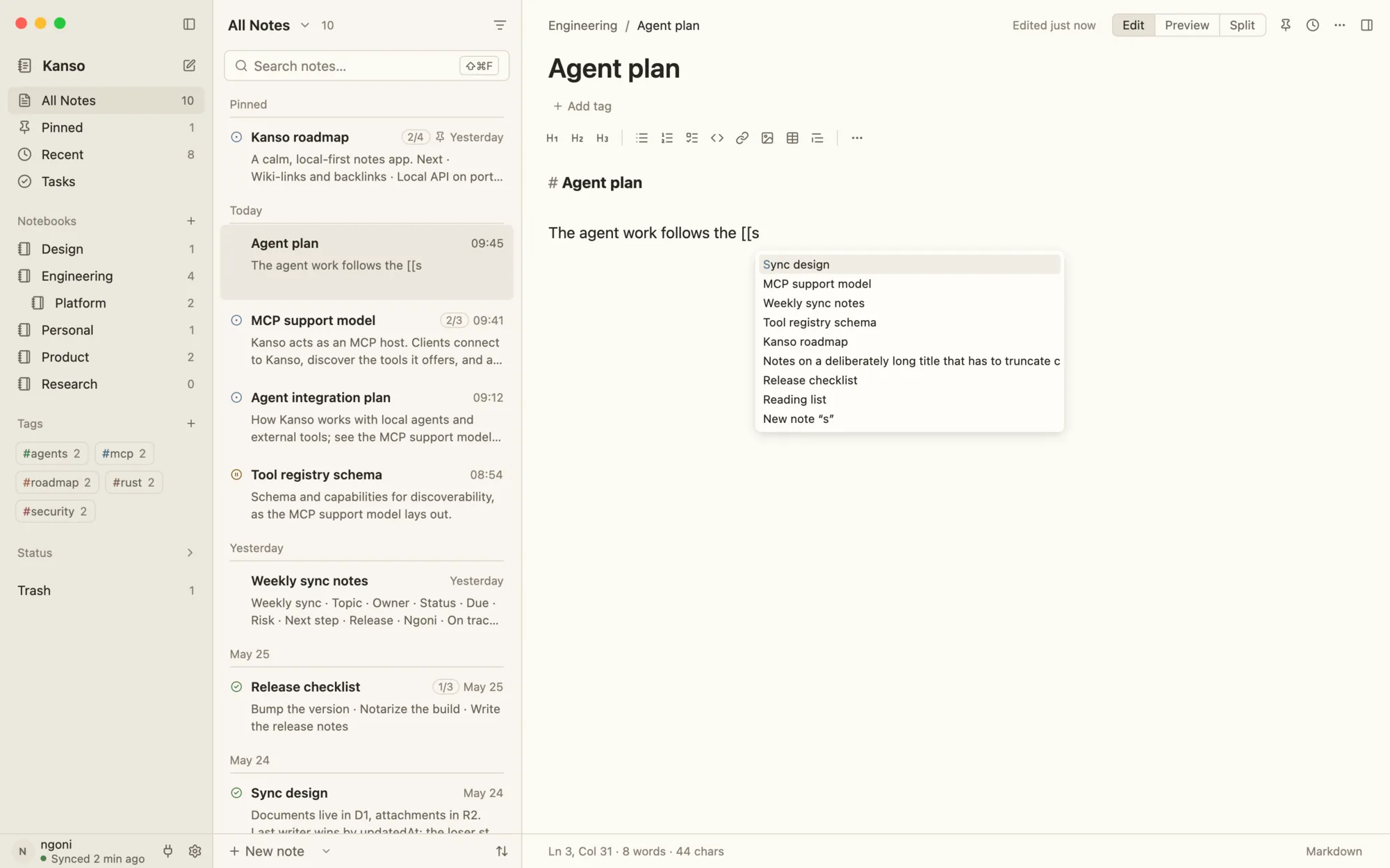 Typing [[s in a note opens an autocomplete list of note titles, ending with an option to create a new note