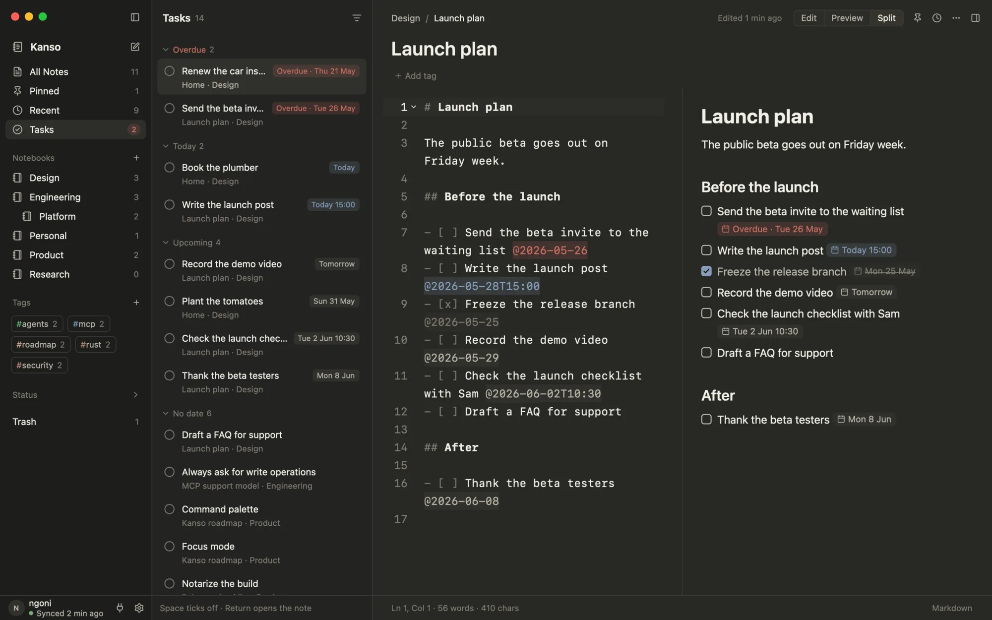 Kanso in dark mode: a Tasks view grouping overdue, today, upcoming and undated tasks beside a launch-plan note with dated checkboxes