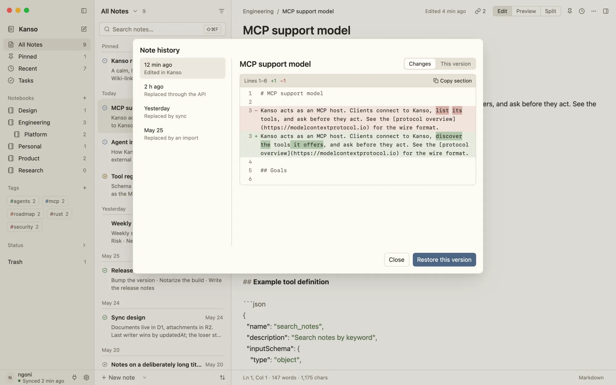 Note history dialog listing versions edited in Kanso, replaced through the API, replaced by sync and replaced by an import, with a line diff