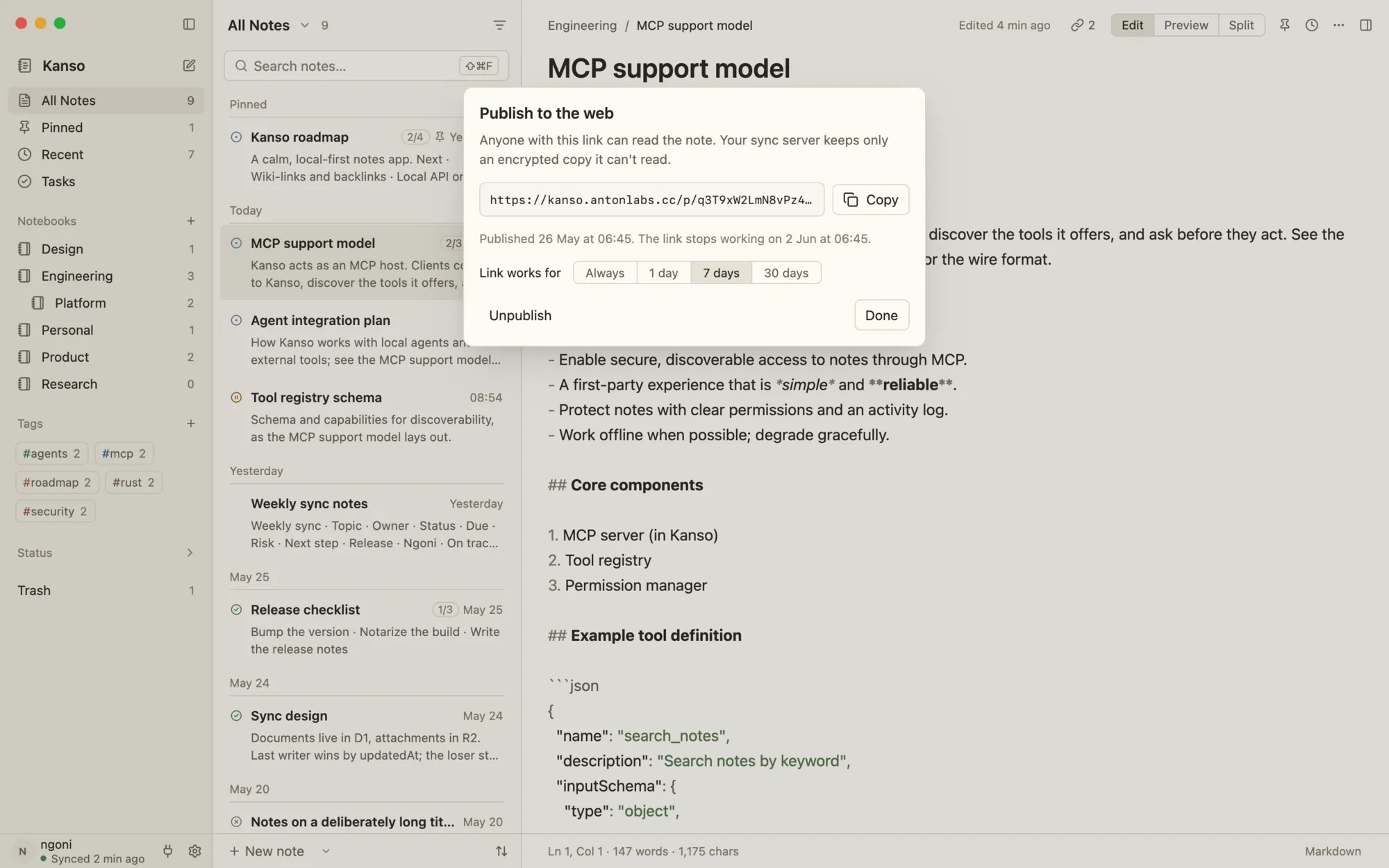 Publish to the web dialog with a share link, an expiry choice of always, 1, 7 or 30 days, and an Unpublish button