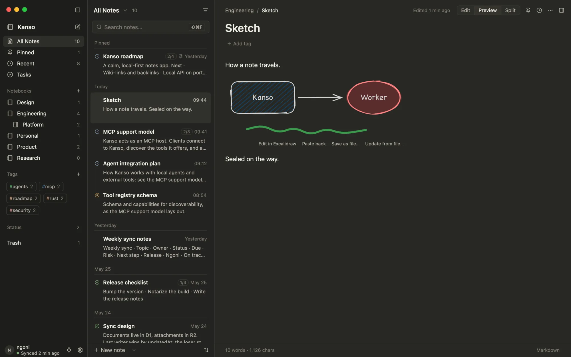 An Excalidraw sketch embedded in a dark-mode note, showing Kanso sending a note to a Worker