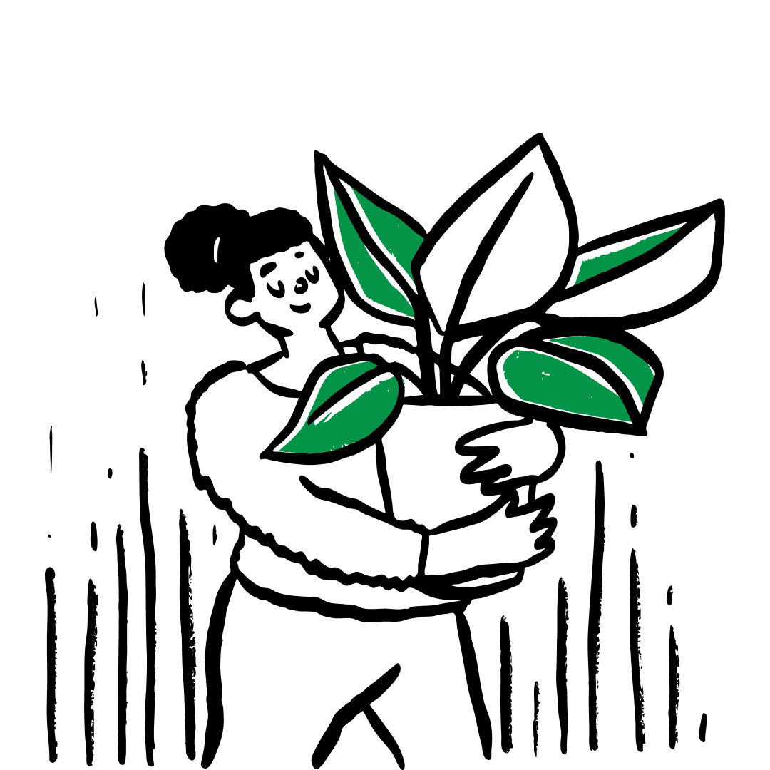 Hand-drawn illustration of a person carrying a large potted plant with green leaves