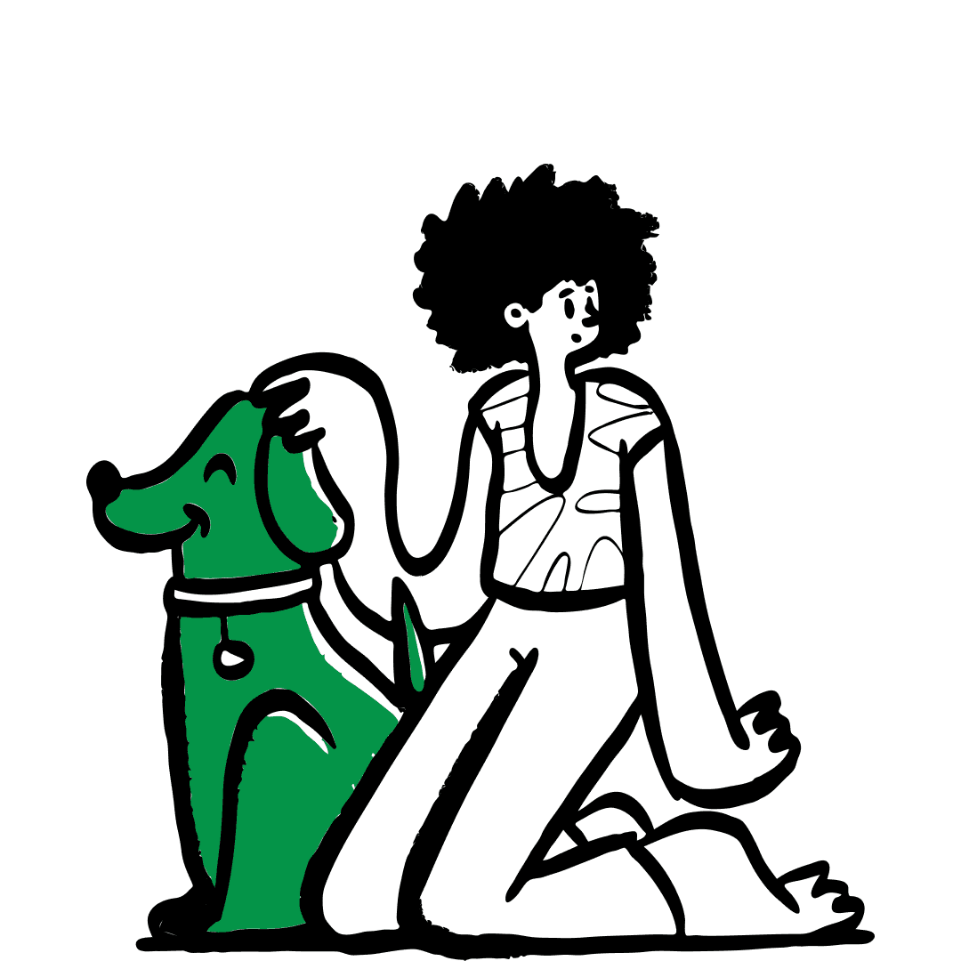 Hand-drawn illustration of a person kneeling beside a green dog