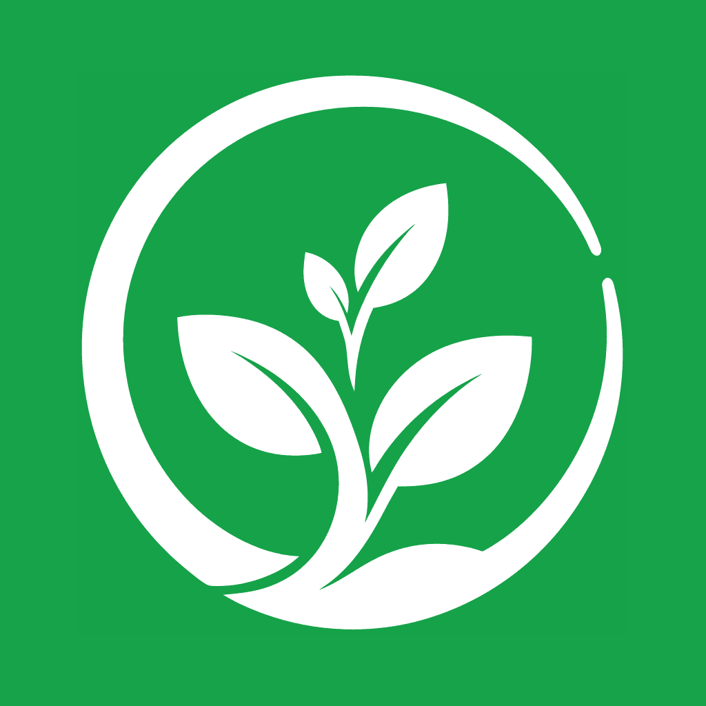 Poof app icon: a white seedling with four leaves inside a broken ring on a green background