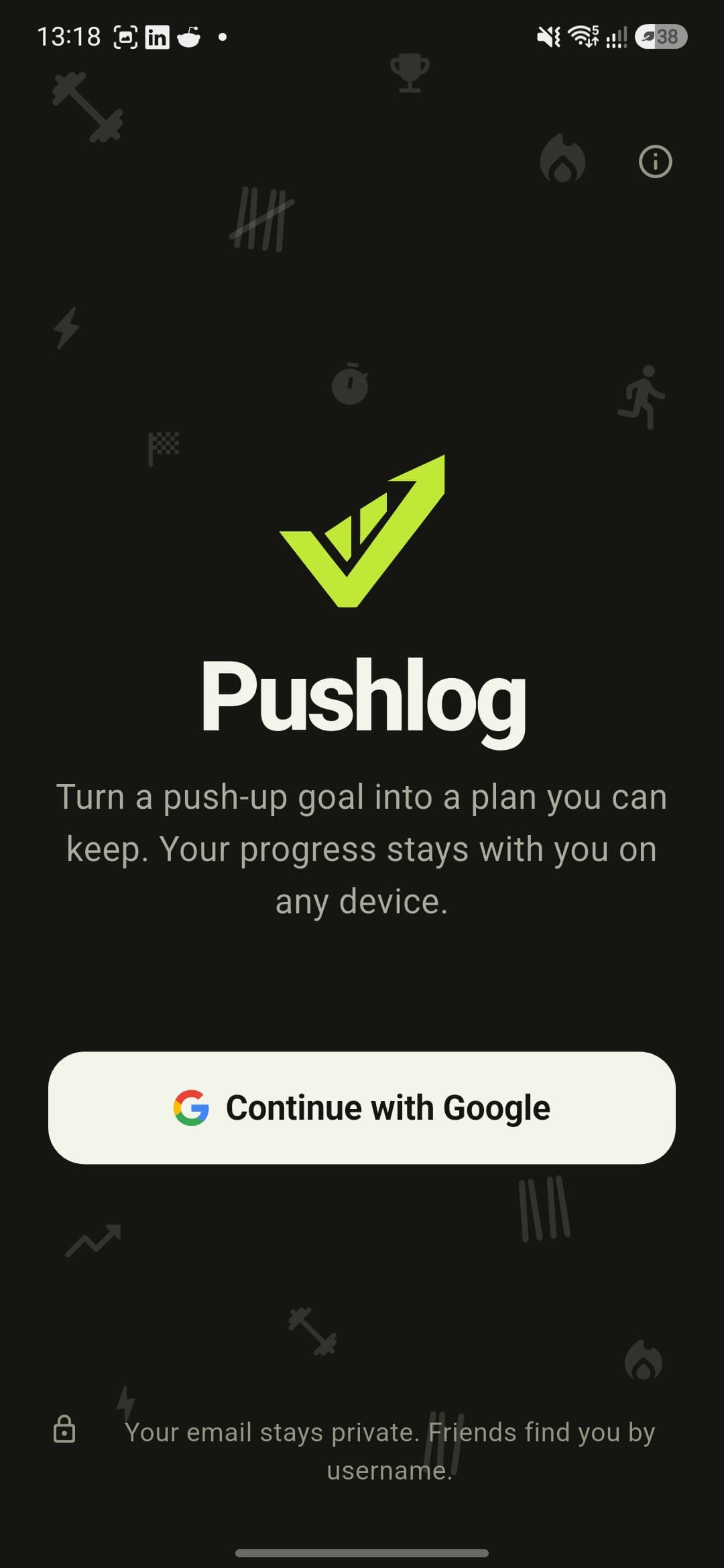 Pushlog sign-in screen: "Turn a push-up goal into a plan you can keep" with a Continue with Google button