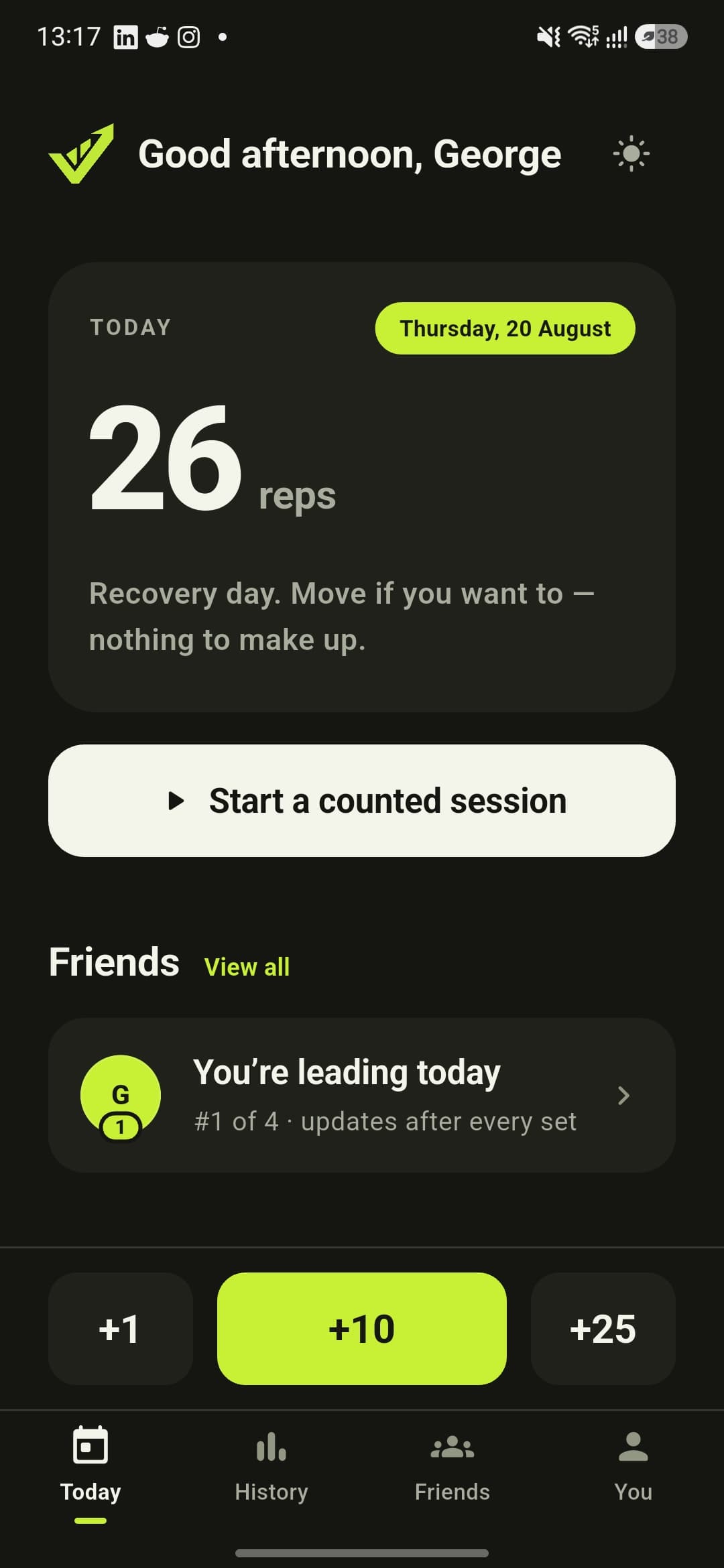 Pushlog Today screen: 26 reps, a recovery-day note, Start a counted session, and a Friends card saying you are leading today