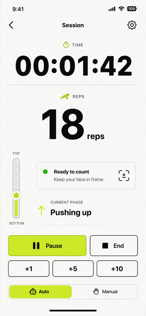 Live counted session screen with a timer, a rep count of 18, a depth indicator, pause and end controls, and Auto/Manual toggle