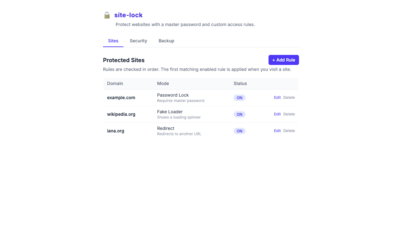 Site Lock options page listing three protected sites with Password Lock, Fake Loader and Redirect modes