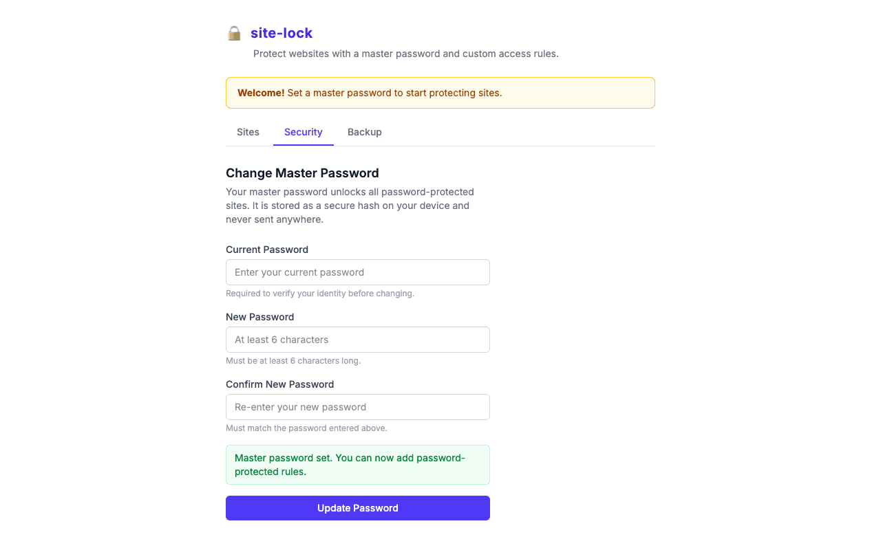 Security tab of the options page with current, new and confirm password fields and a success message