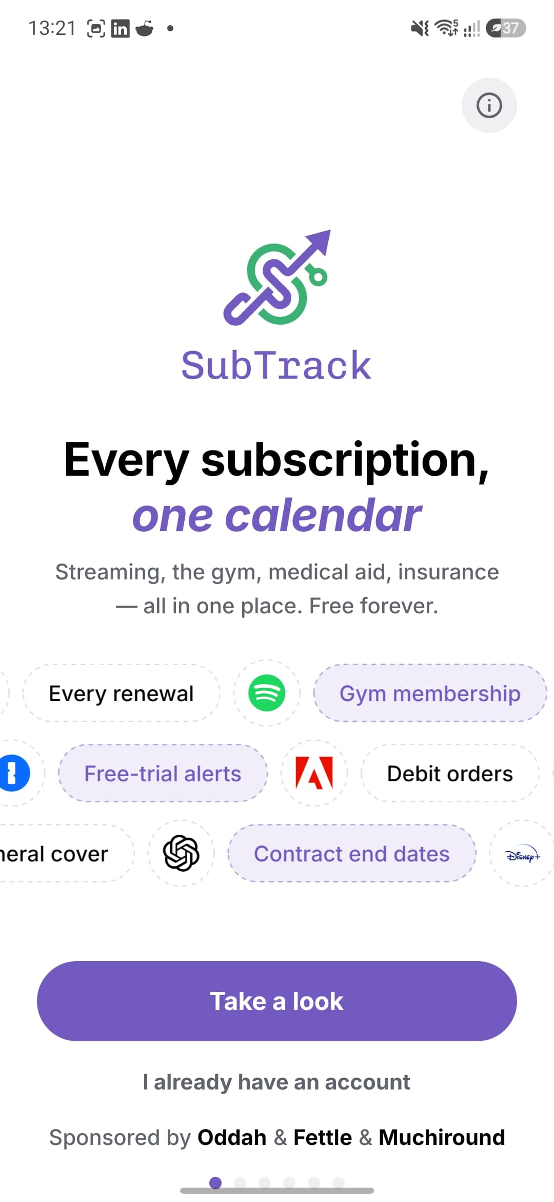 SubTrack welcome screen: "Every subscription, one calendar" with example chips for renewals, gym membership, free-trial alerts and debit orders