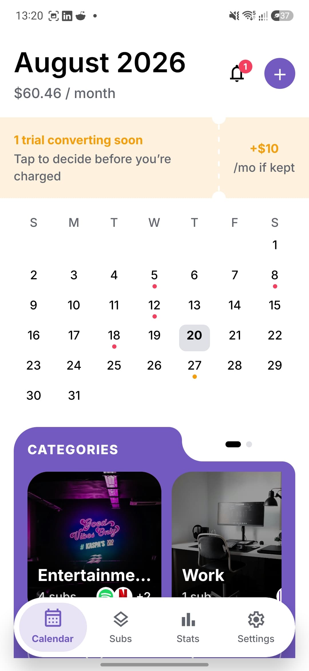 SubTrack calendar for August: $60.46 a month, a trial converting soon banner, renewal dots on the month grid and category cards