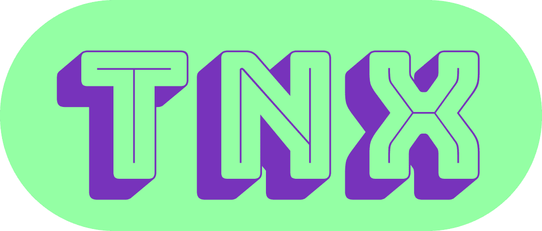 Tinnymix wordmark: TNX set in an extruded outlined typeface, purple on a mint green pill